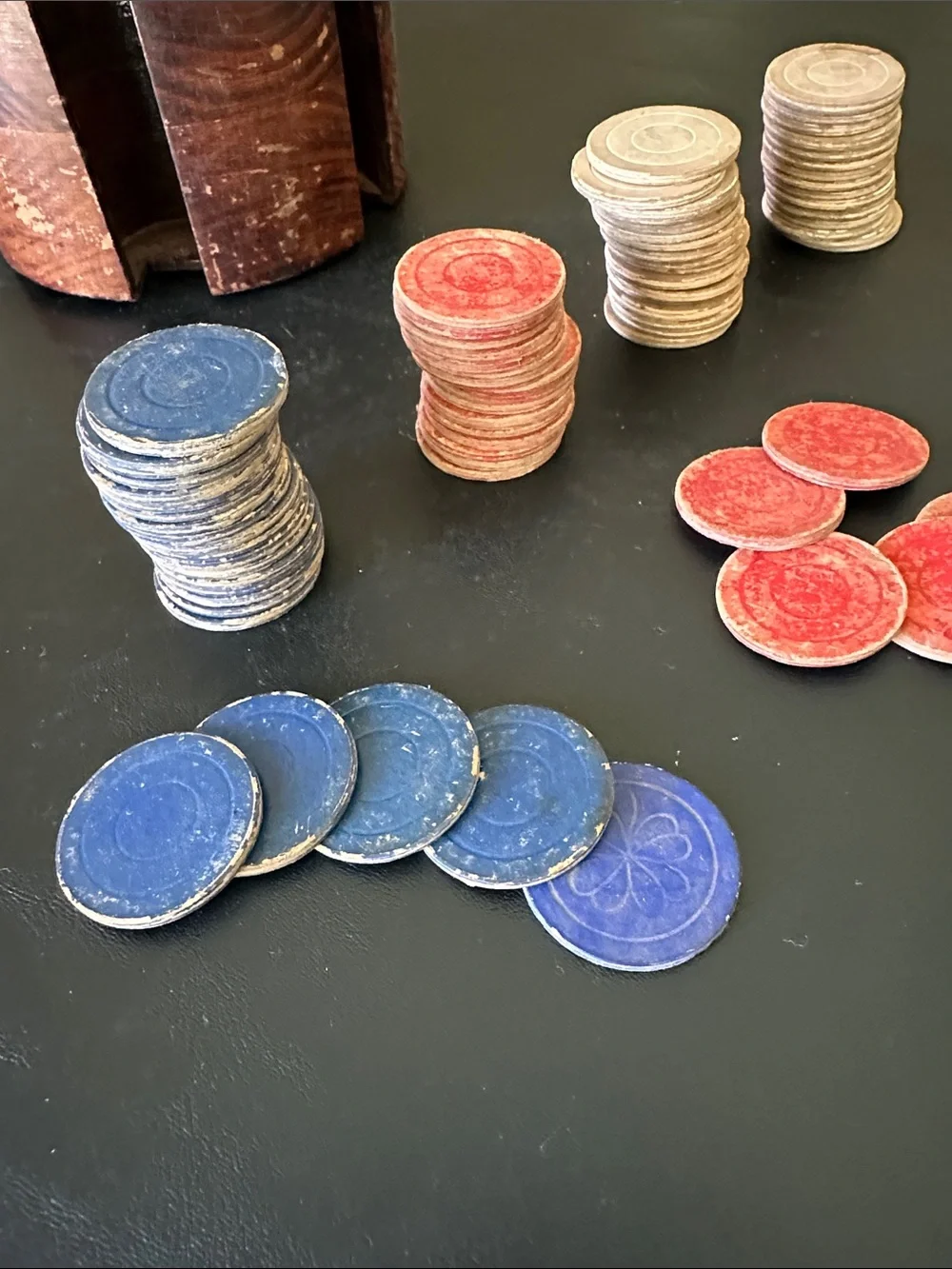 Vintage Dark Wood Caddy with Cardboard Poker Chips